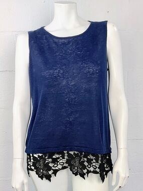 Lisa Todd Navy Blue Sleeveless Tank with Black Lace Hem